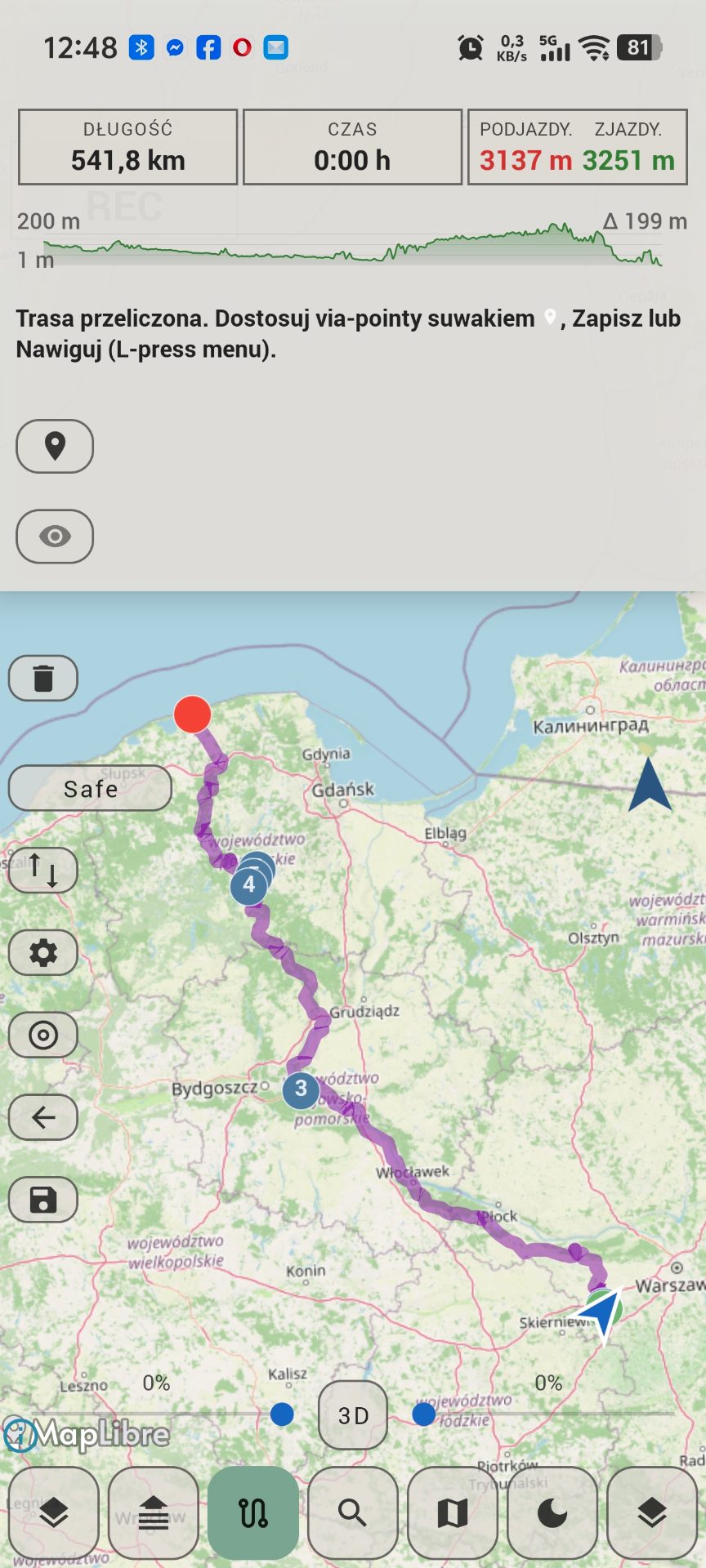 Planner tras z informacją o dystansie, czasie i podjazdach